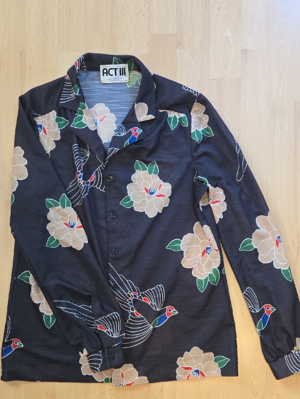 ACT III 1970s Navy Floral & Bird Print Button-Down Shirt